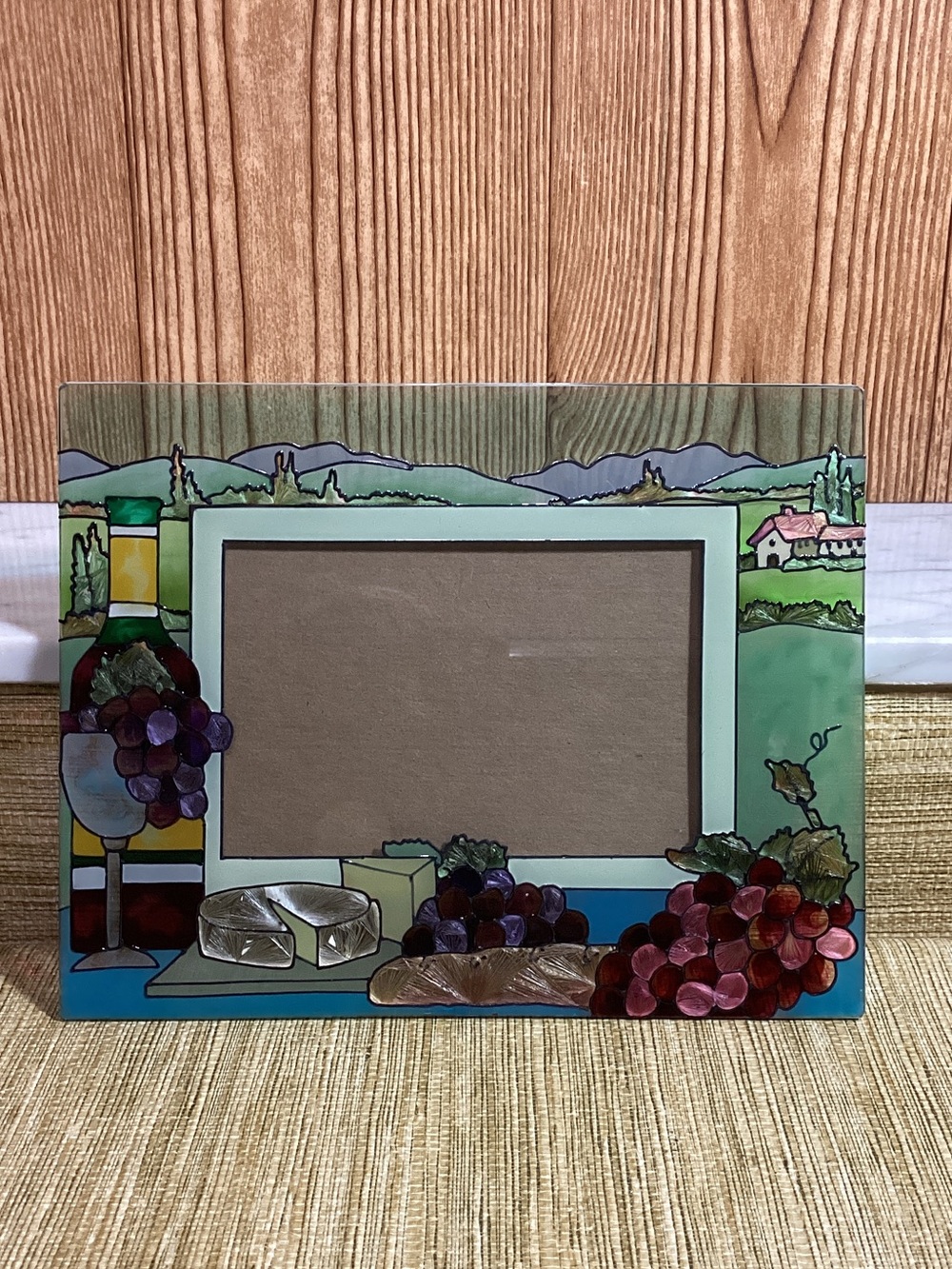 Stain Glass Vineyard Photo Frame with Wine & Grape Design - Green